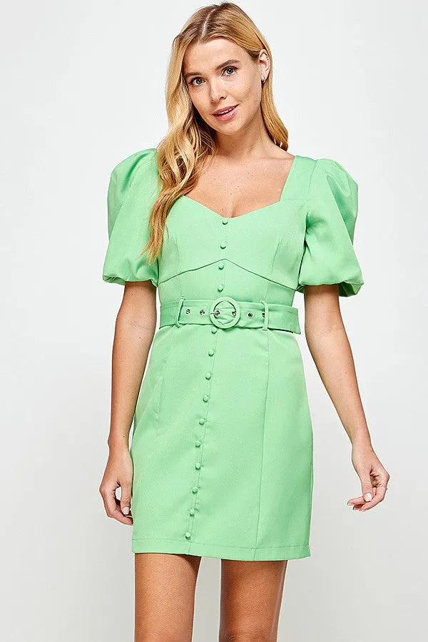 Apple Green Volume Sleeve Mini Dress With Belt Detail