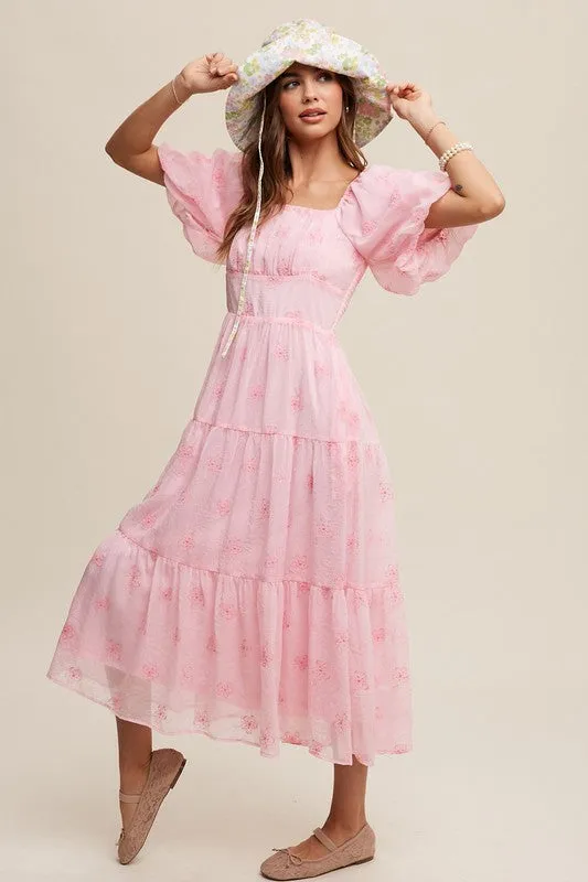 Ballerina Pink Flower Embroidered Puff Sleeve Tiered Maxi Dress