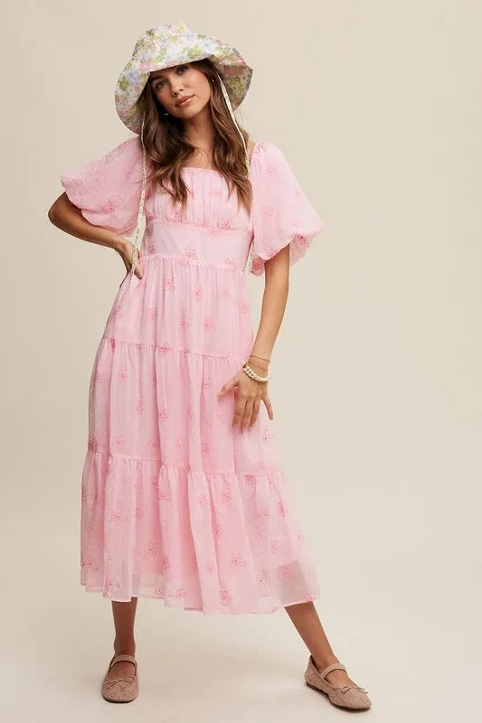 Ballerina Pink Flower Embroidered Puff Sleeve Tiered Maxi Dress