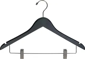 Black Wood Combo Hanger w/ Adjustable Cushion Clips, Box of 50 Space Saving 17 Inch Flat Wooden Hangers w/ Chrome Swivel Hook & Notches for Shirt Jacket or Dress by The Great American Hanger Company