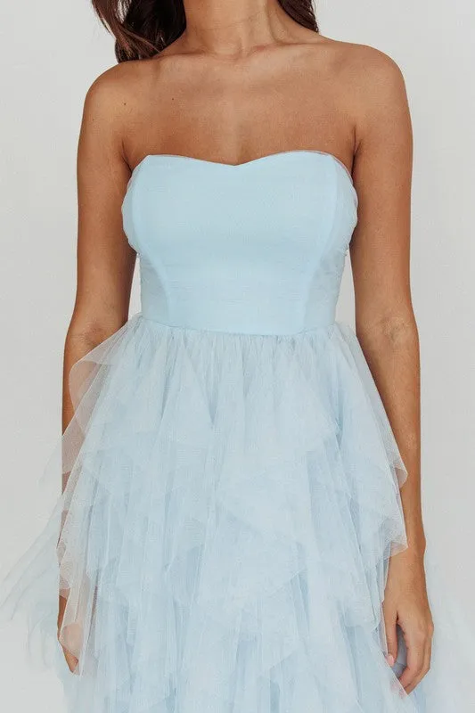 Blue Strapless Tulle Maxi Dress