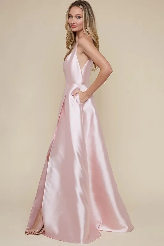 Blush Ladies Sleeveless Taffeta Slit Maxi Dress