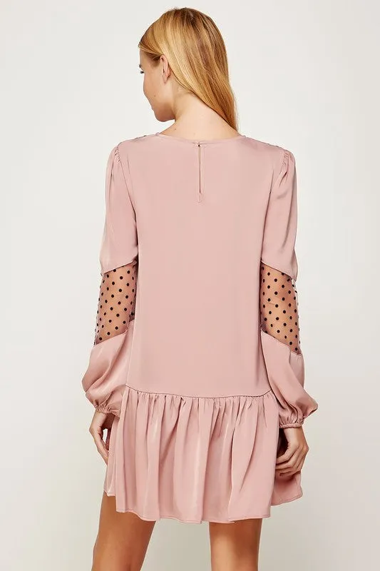 Dusty Pink Satin Dress With Polka-dot Mesh Trim