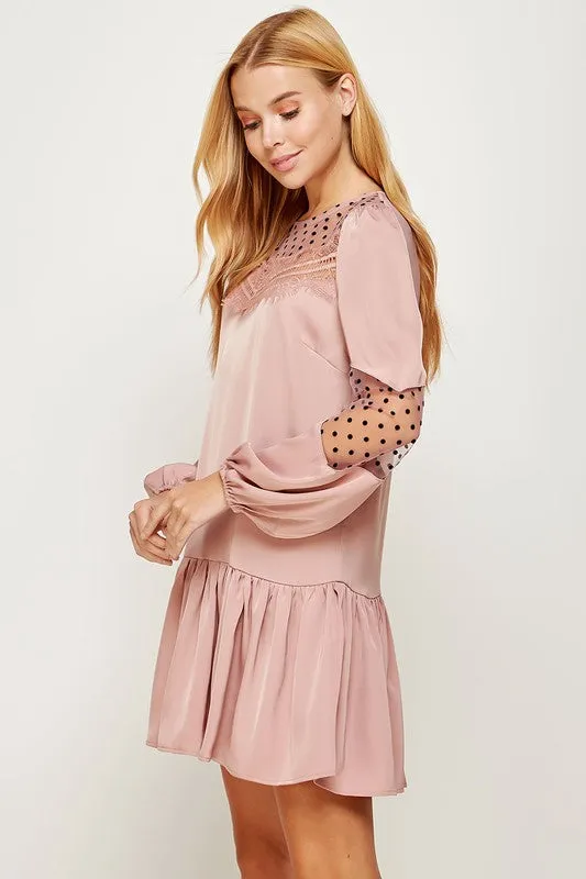 Dusty Pink Satin Dress With Polka-dot Mesh Trim