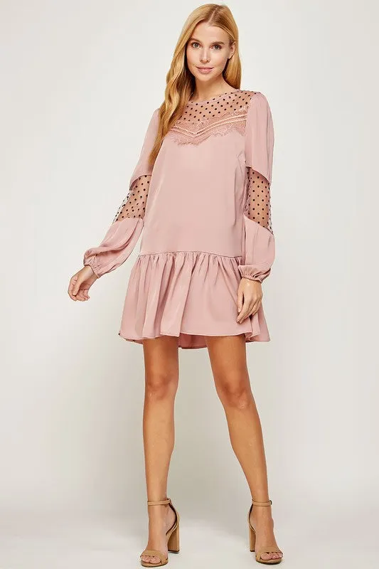 Dusty Pink Satin Dress With Polka-dot Mesh Trim