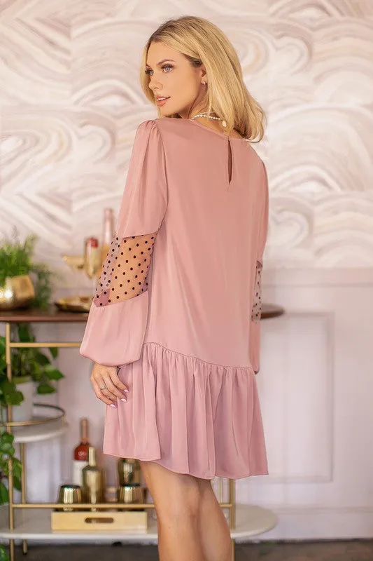 Dusty Pink Satin Dress With Polka-dot Mesh Trim