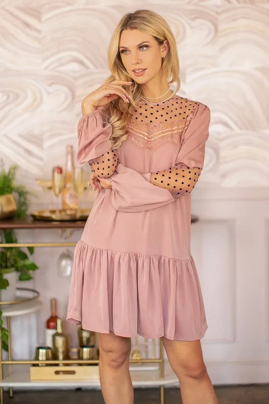 Dusty Pink Satin Dress With Polka-dot Mesh Trim