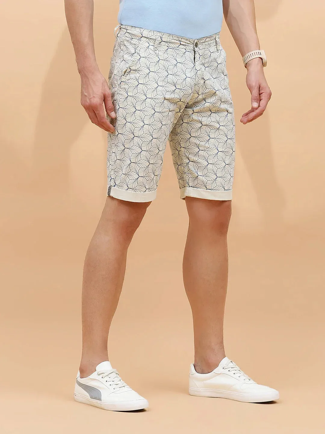 Ecru Cotton Blend Regular Fit Shorts For Men