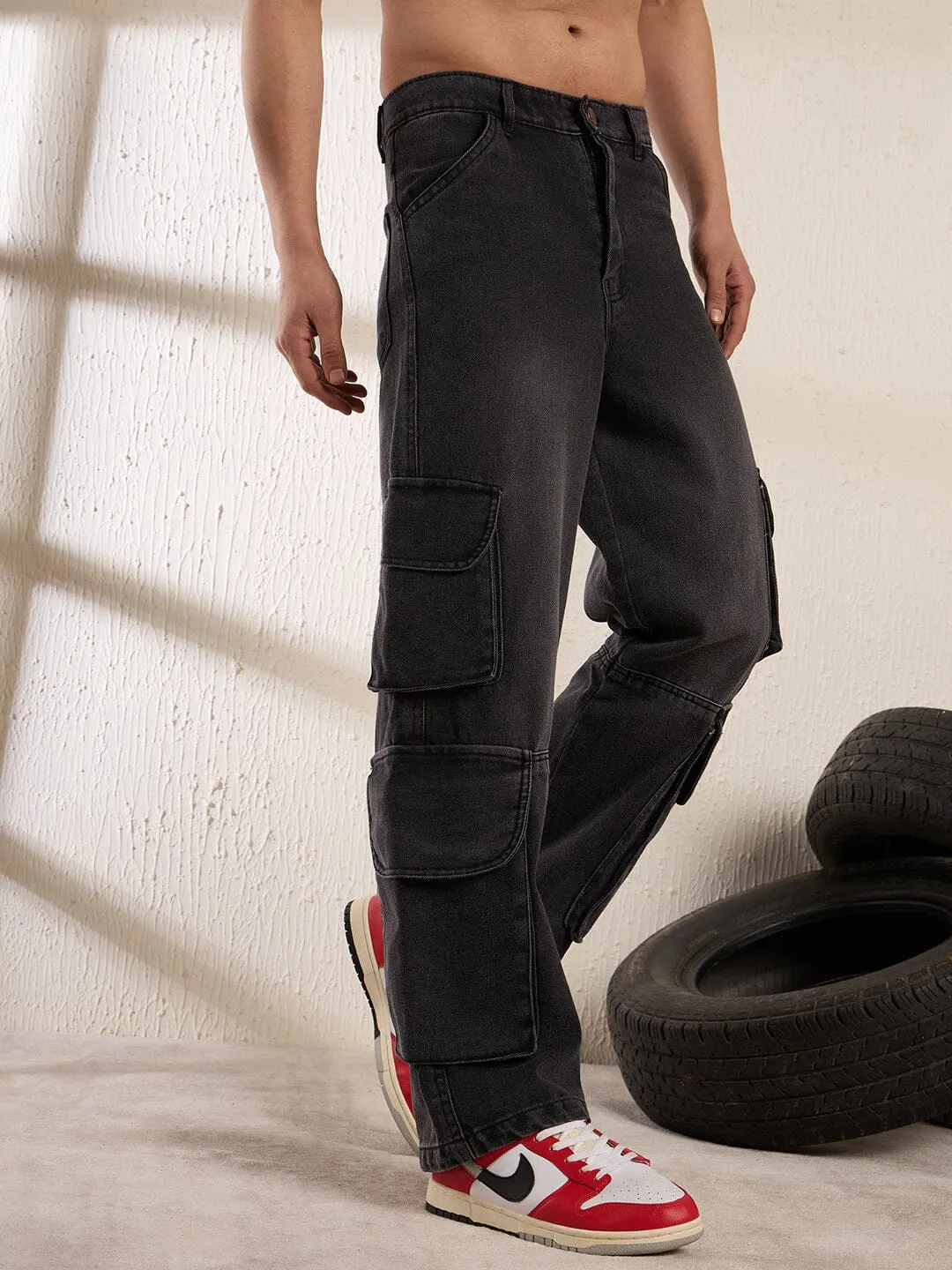 Grey Washed Baggy Cargo Denim