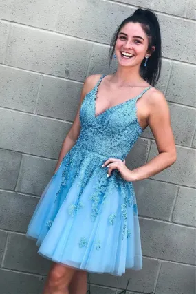 Light Blue Lace A-line V-neck Homecoming Dresses, Graduation Dress, SH557