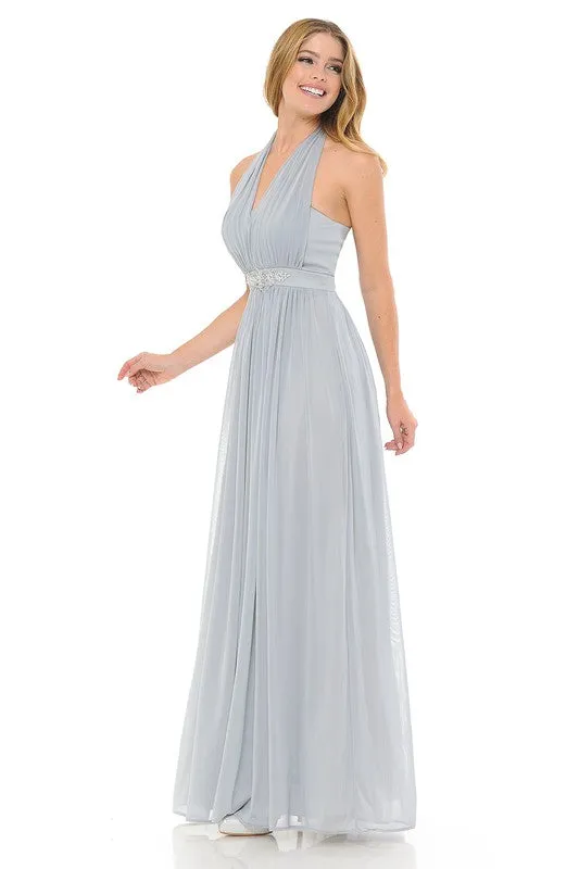 Light Silver Halter Ruched Embellished Kakao Long Formal Dress