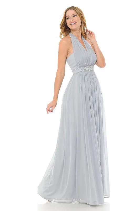 Light Silver Halter Ruched Embellished Kakao Long Formal Dress