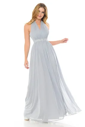 Light Silver Halter Ruched Embellished Kakao Long Formal Dress