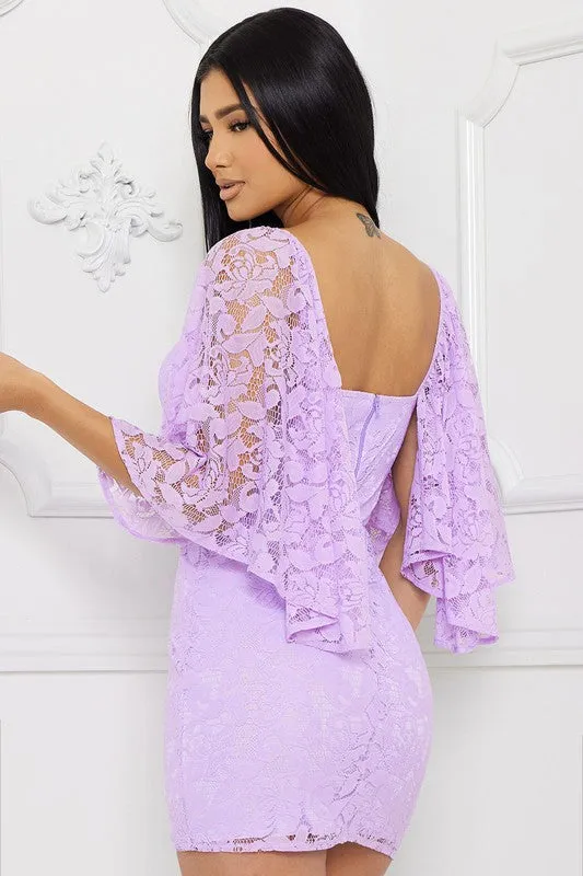 Lilac Lace Cape Sleeve Mini Dress