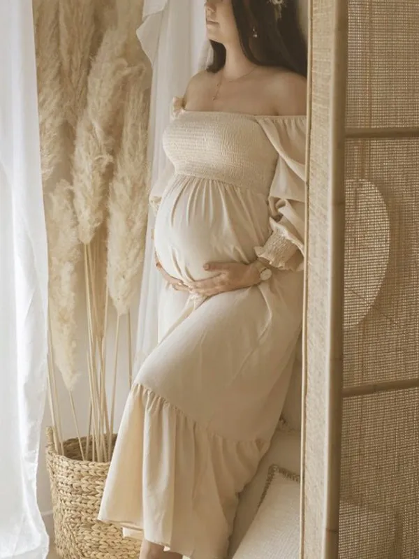 Momnfancy Apricot Ruffle Draped Square Neck Elegant Maternity Photoshoot Maxi Dress