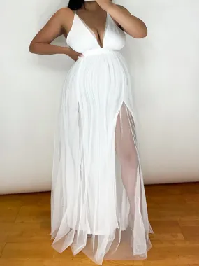 Momnfancy Spaghetti Strap Side Slit Sleeveless White Babyshower Evening Maternity Maxi Dress