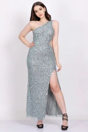 Naeve One Shoulder Sequin Dress in Teal