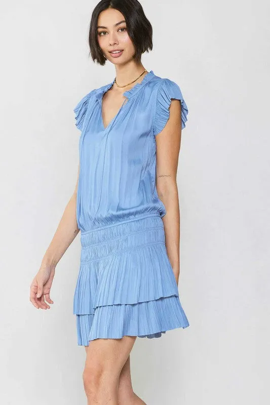 Periwinkle Blue Mini Dress With Pleated Skirt