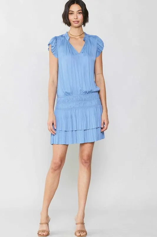 Periwinkle Blue Mini Dress With Pleated Skirt