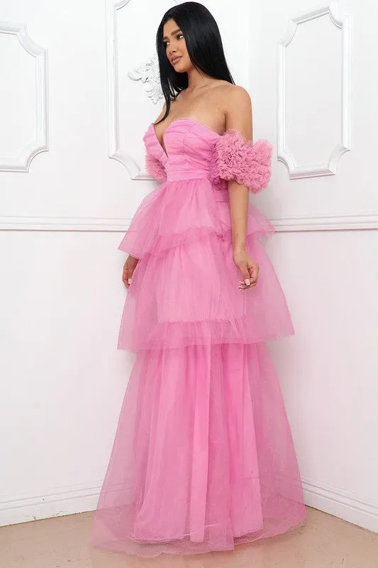 Pink Mesh Ruffle Off The Sleeve Maxi Dress