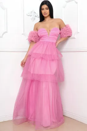 Pink Mesh Ruffle Off The Sleeve Maxi Dress