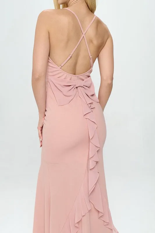 Pink Ruffle Bow Strap Maxi Dress Gown