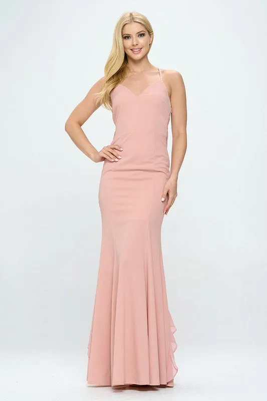 Pink Ruffle Bow Strap Maxi Dress Gown