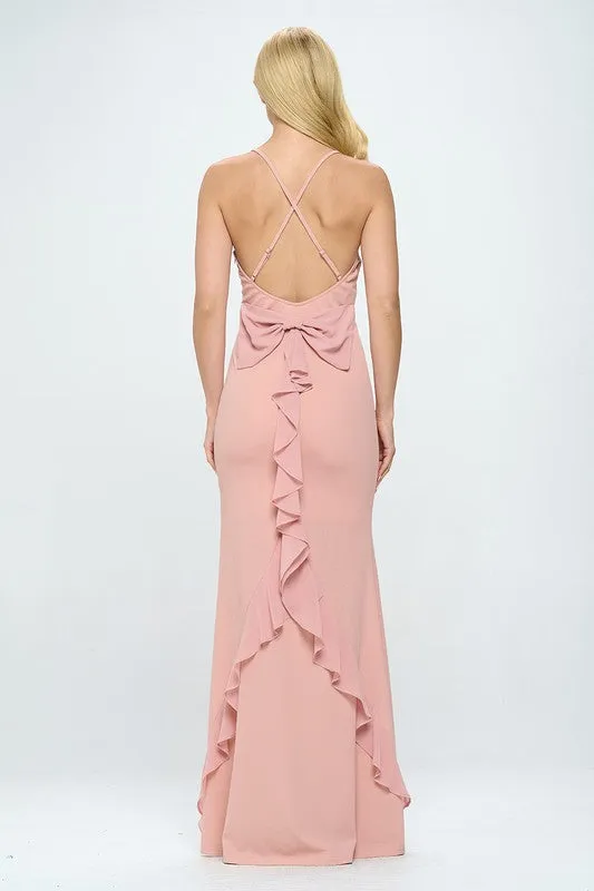 Pink Ruffle Bow Strap Maxi Dress Gown