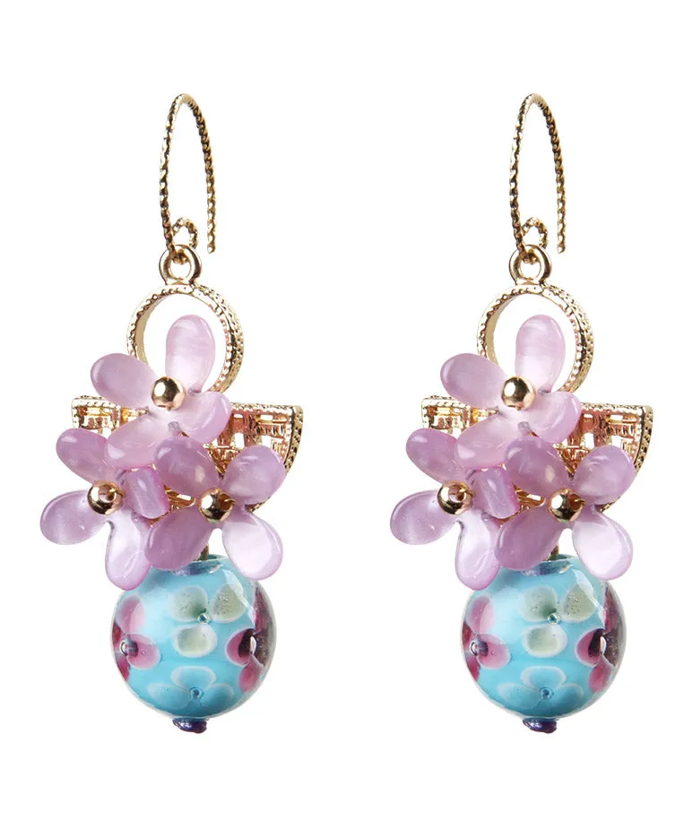 Retro Light Purple 24K Gold Coloured Glaze Synthetic Flower Drop Earrings