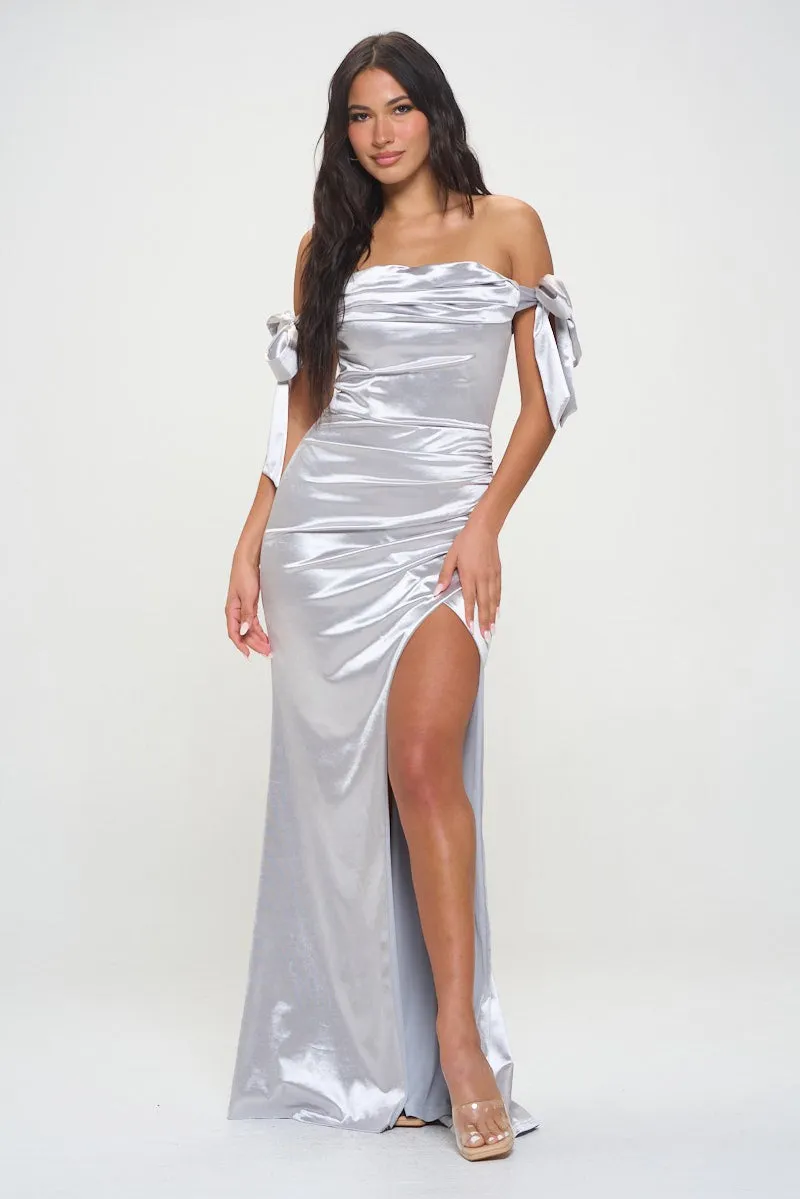 Silver Off The Shoulder Maxi Dress