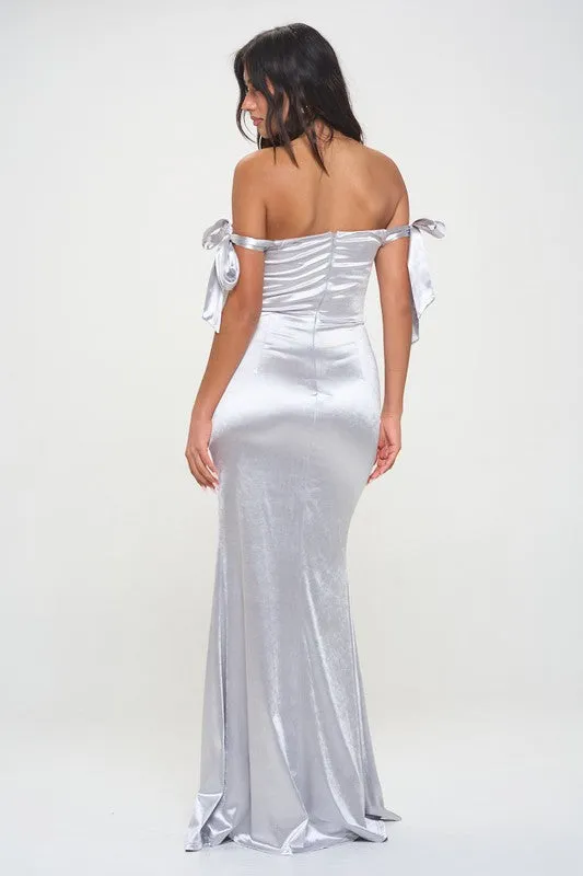 Silver Off The Shoulder Maxi Dress