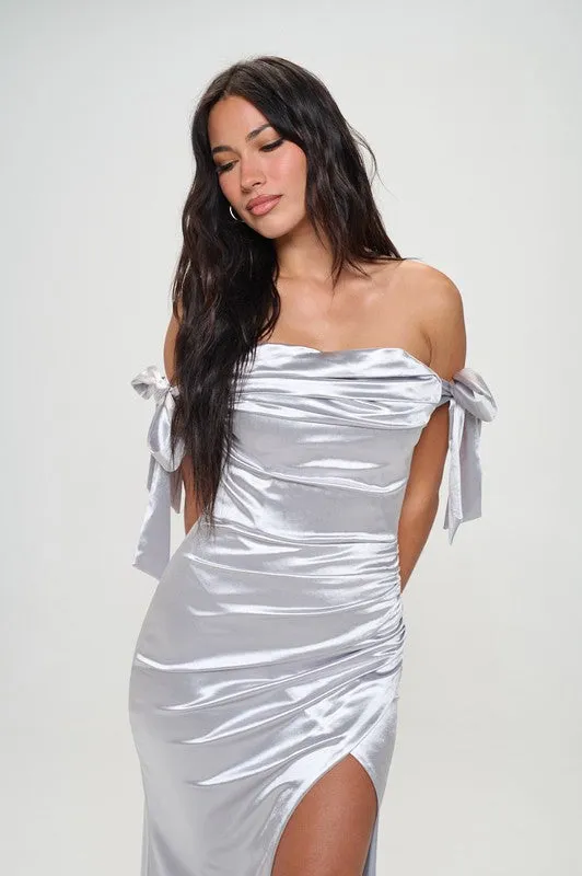 Silver Off The Shoulder Maxi Dress