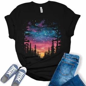 Women's Cute Camping Northern Lights Trendy Forest Graphic Tees